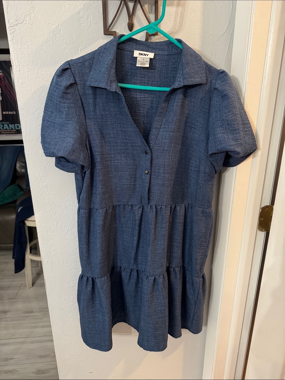 DKNY Blue Short Sleeve Tiered Mini Dress